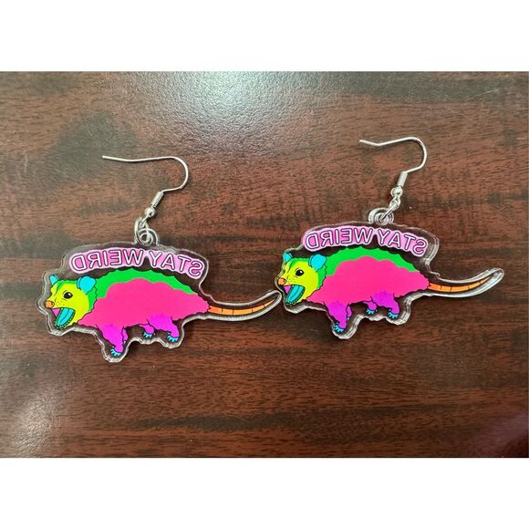 Stay Weird Colorful Opossum Dangle Earrings - Picture 2 of 2